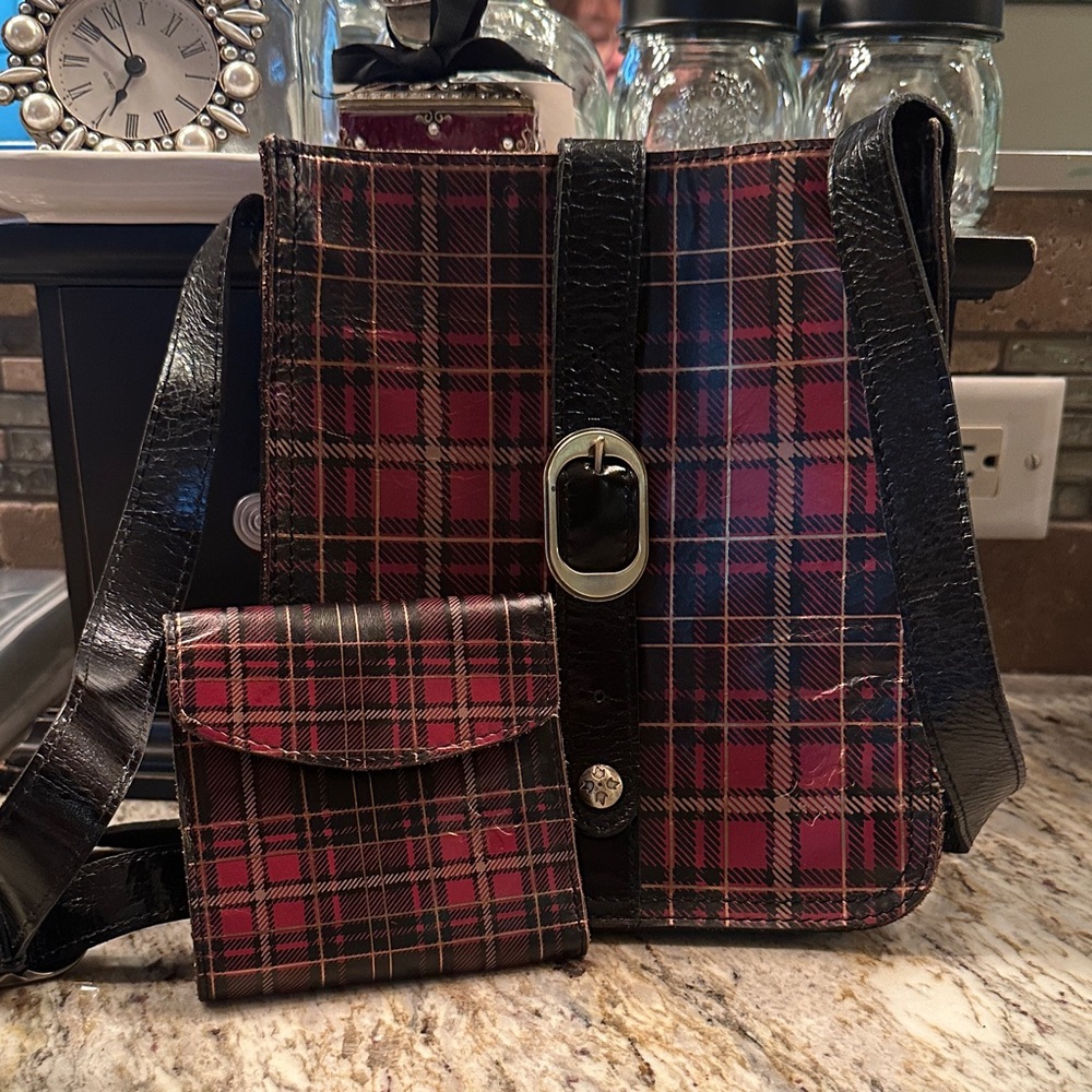 Patricia Nash Red Plaid Crossbody Bag with Black Trim with matching wallet